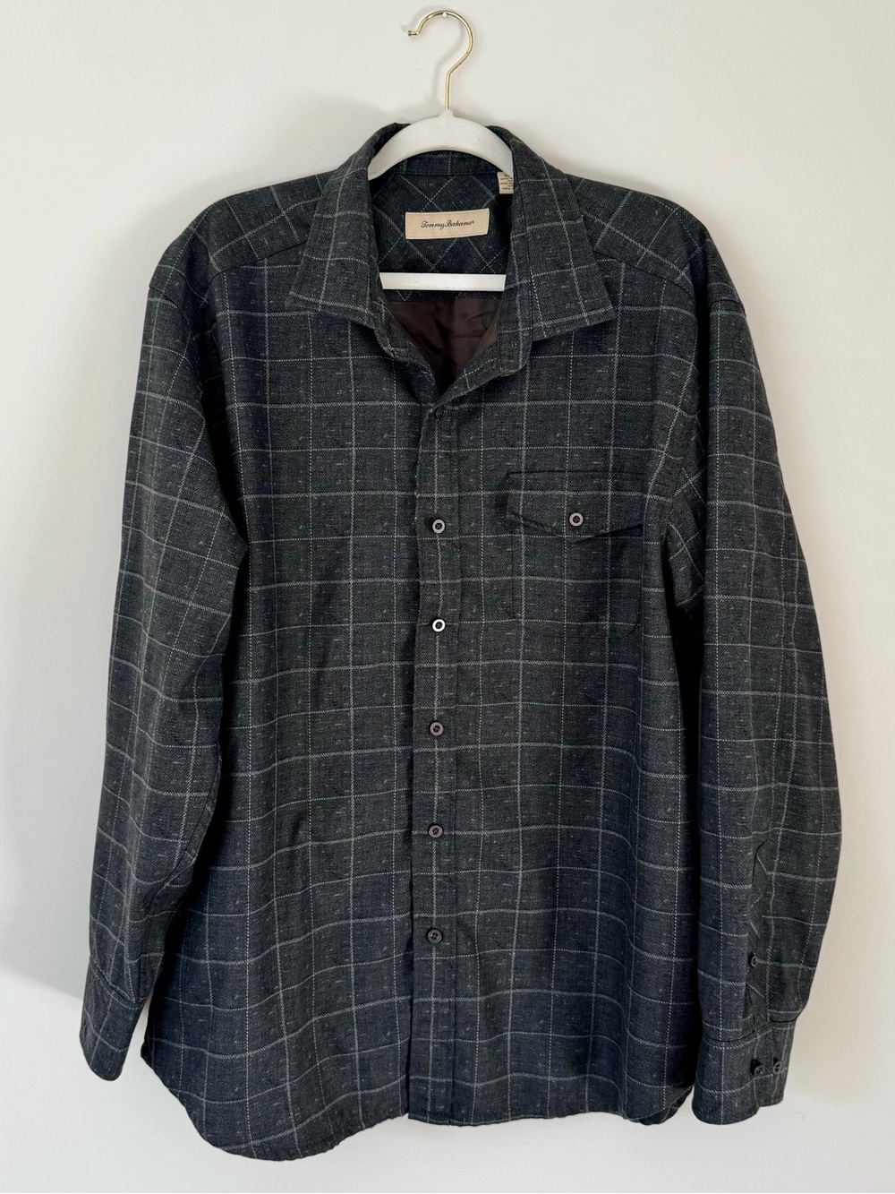 Tommy Bahama Windowpane Plaid Button Down Shacket, Charcoal Grey – Men’s XL
